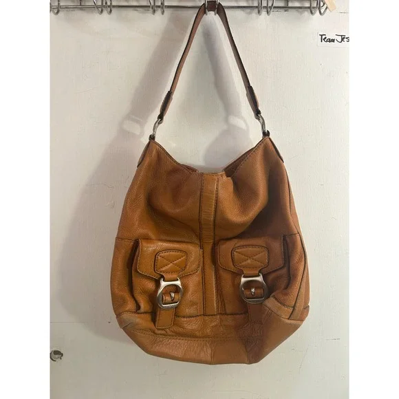 Michael Kors Hobo Bag Large Tan Pebbled Leather Buckle Pocket Womens