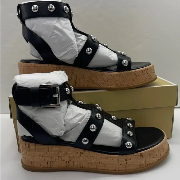 MICHAEL KORS Selah Studded Platform Gladiator Silver Studded Sandal Black  New