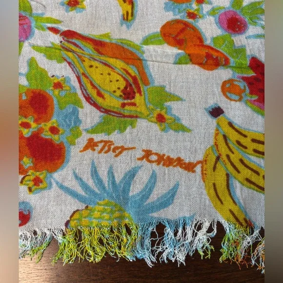 Betsey Johnson Tropical Fruit Scarf Wrap 27x80 Banana Pineapple Viscose Fringe