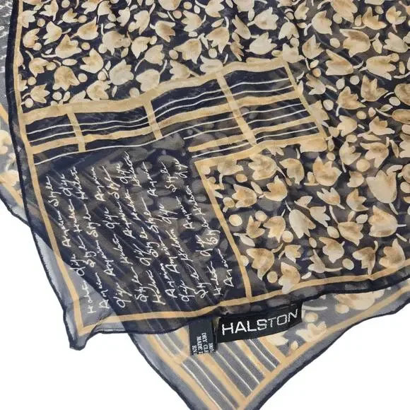 Vintage Halston Silk Scarf Floral Writing American Style Halston Life 20.5x19