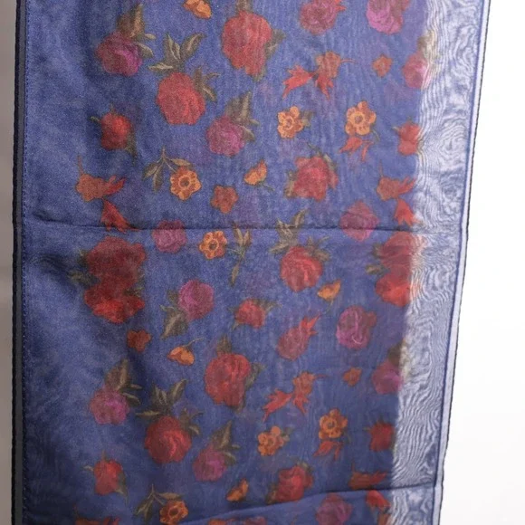 VTG Navy Blue Sheer Floral Rectangle‎ Scarf Red Orange Rose Print Dark Romantic