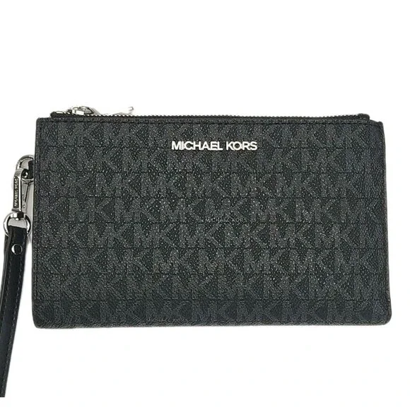 Michael Kors Wristlet Wallet Phone Black Gray Jet Set Double Zip 7.25x4.25