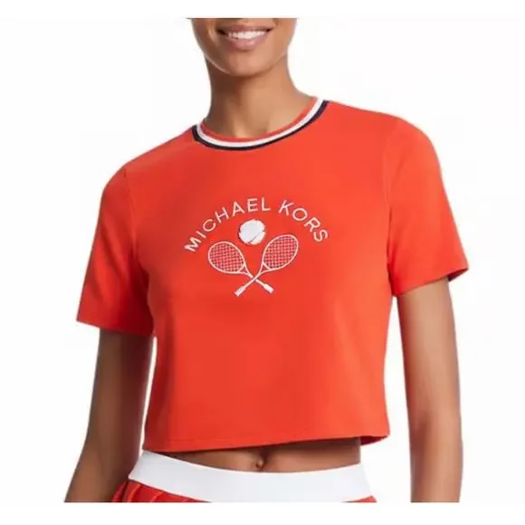 Michael Kors 2025 Sporty Tennis Preppy Cropped Ringer Tee‎ XS Casual Red Shirt