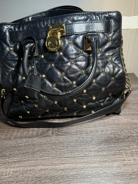 Michael Kors Black Quilted Studded Satchel with Gold Hardware