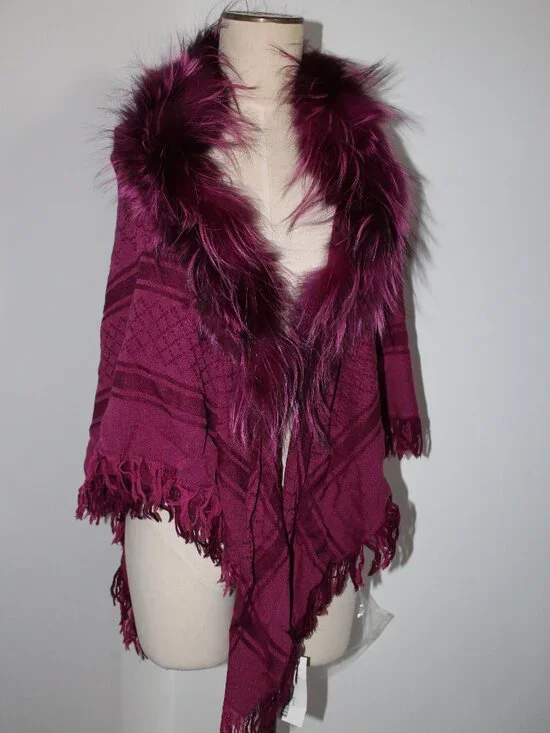 GUCCI Jacquard GG Wool Silk Fox Fur Trim Scarf Unisex Fringe Trim Stole Wrap