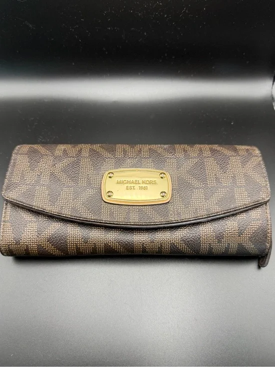 Michael Kors Brown Logo Zip Continental Wallet with Gold Plate