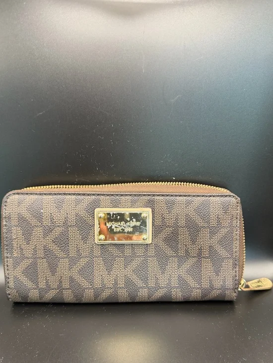Michael Kors Brown MK Logo Zip Wallet with Gold Plate