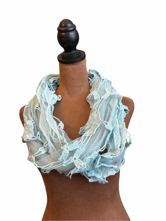 Sheer Baby Blue Floral Lace Scarf Fringe 76” Bohemian Coastal‎ Cowgirl Whimsical