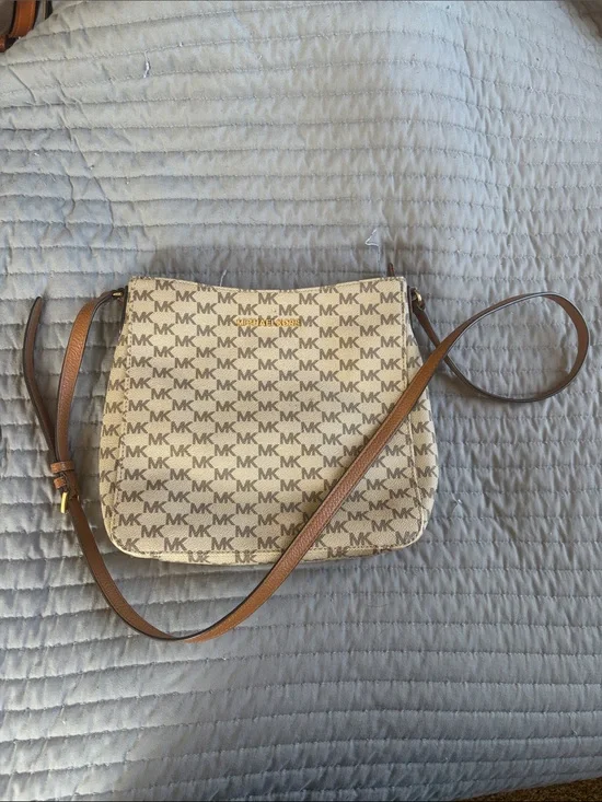 Michael Kors Beige MK Monogram Crossbody with Brown Strap