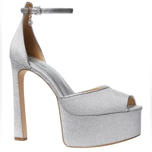Michael Kors Silver Glitter Platform Stiletto Heel Ankle Strap Peep Toe Size 9.5