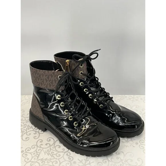 Michael Kors Alistar Monogram Black Patent Combat Boots Women's 9.5M PU Upper Go