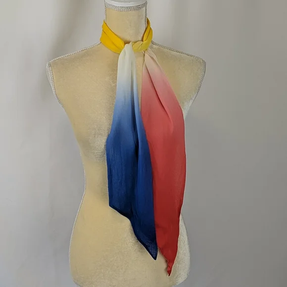Vintage Made In Japan 100% Rayon Scarf Primary Colors: Blue Red Yellow, Gradient