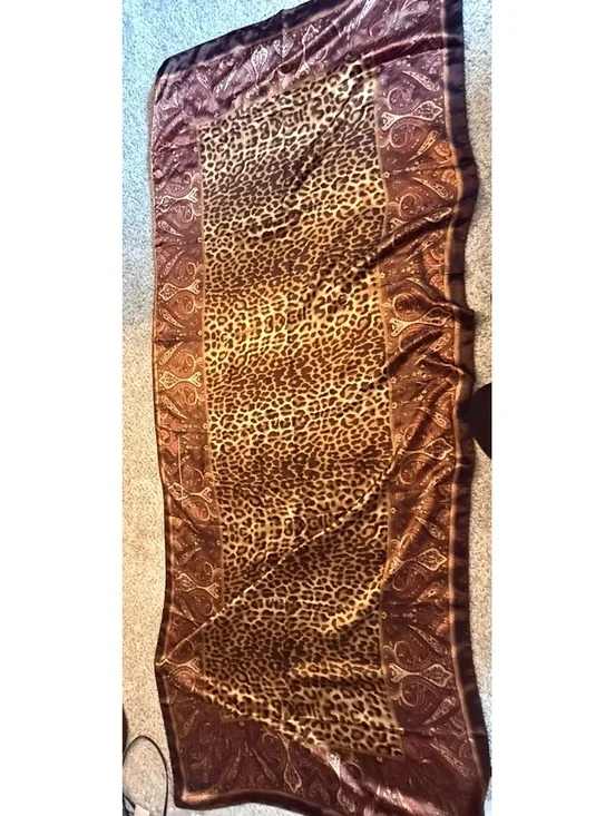 Brown and Leopard Print Silk Blend Scarf