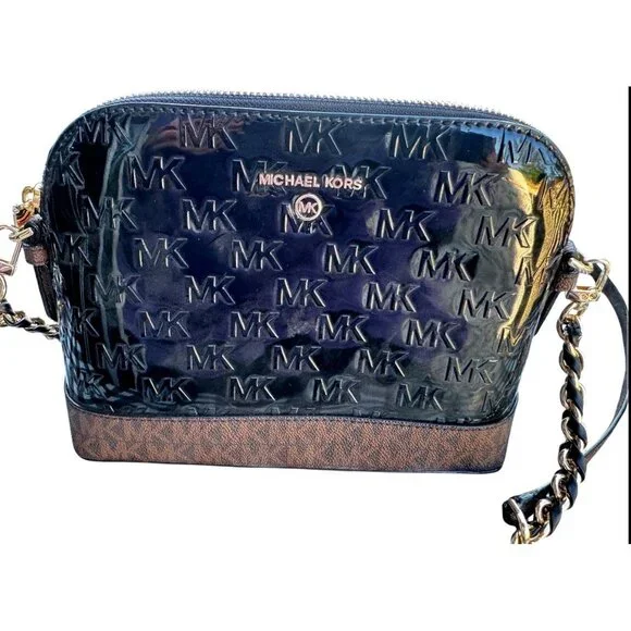 Michael Kors Dome Crossbody Bag Bl‎ Patent Leather Brown Monogram Gold Hardware