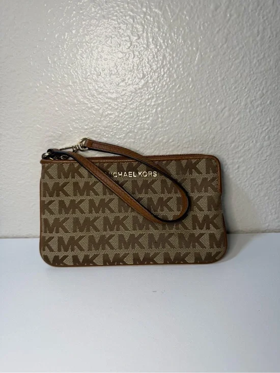 Michael Kors Brown Logo Print Wristlet with Gold Hardware