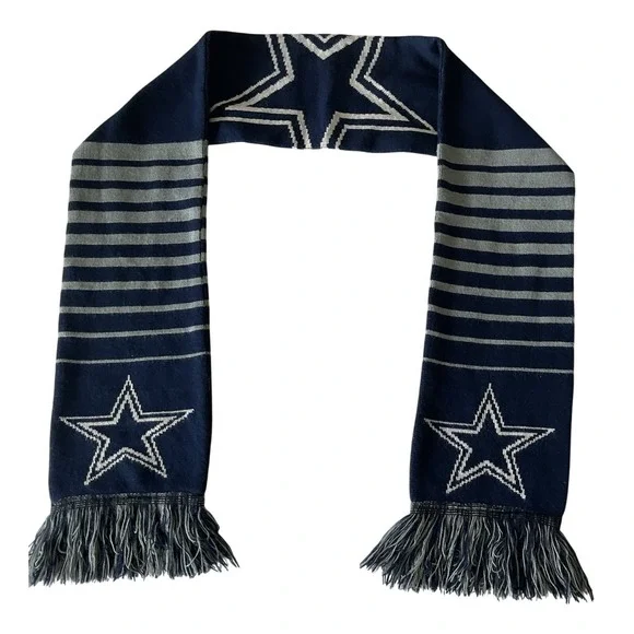 NFL‎ Dallas Cowboys Knit Scarf Navy Blue Silver Striped Star Fringe Fan Gear