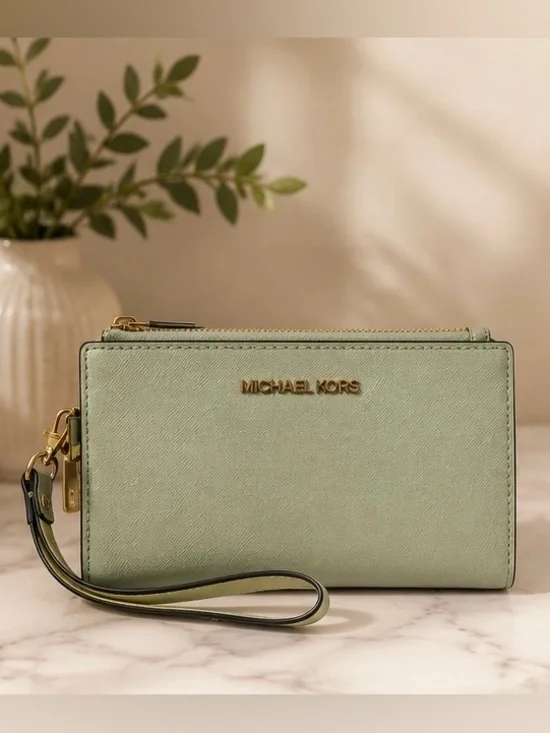 Michael Kors Jet Set Double Zip Phone Wallet Wristlet Light Sage NWOT