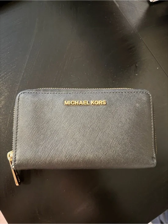 Michael Kors Black Saffiano Zip Wallet with Gold Logo