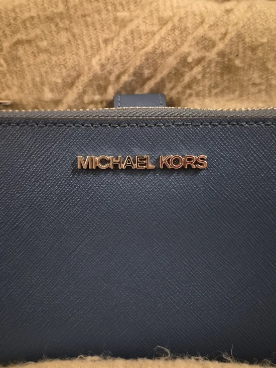 Michael Kors Jet Set Travel Large Double Zip Wallet, Blue with Silver Logo