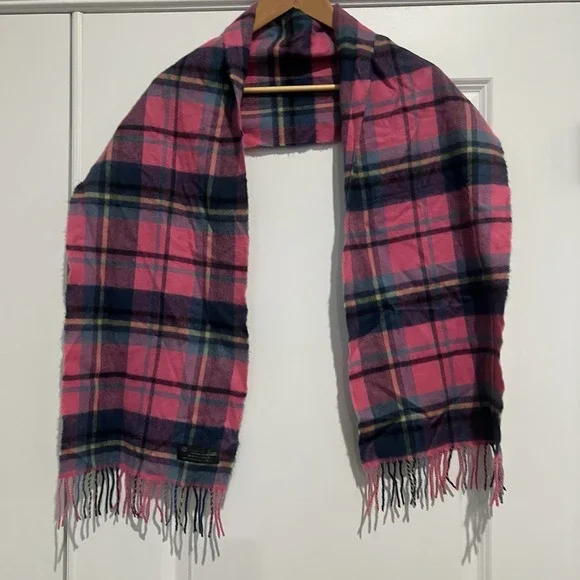 100% Cashmere Plaid Scarf Pink Blue Made in‎ Scotland Luxury Fringe Wrap