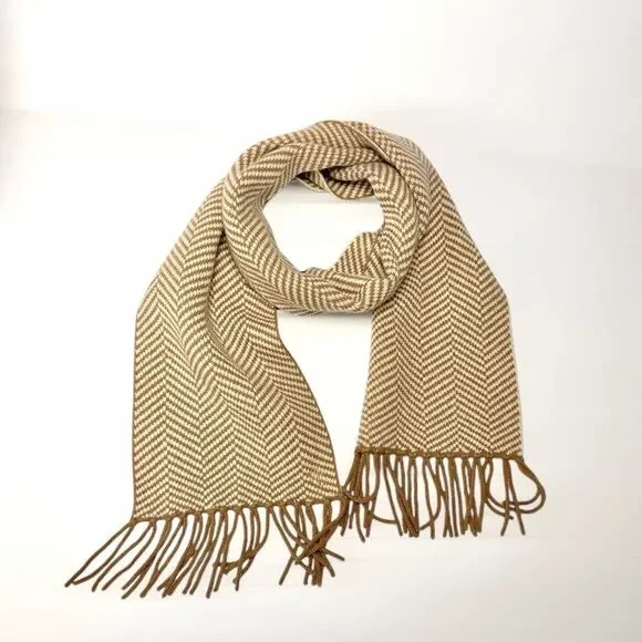 Lauren Ralph Lauren Wool Herringbone Scarf Tan Beige With Fridges Men's Women's