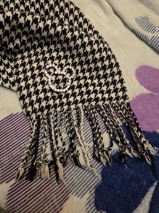Disney Black and White Houndstooth Fringe Scarf with Rhinestone Accent