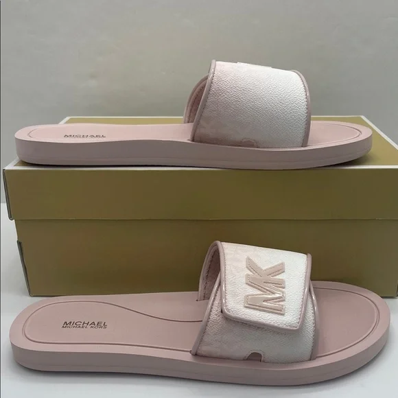 Michael Kors Slide Logo Sandals Palmer Ombré Signature Powder Blush Multi  NWT