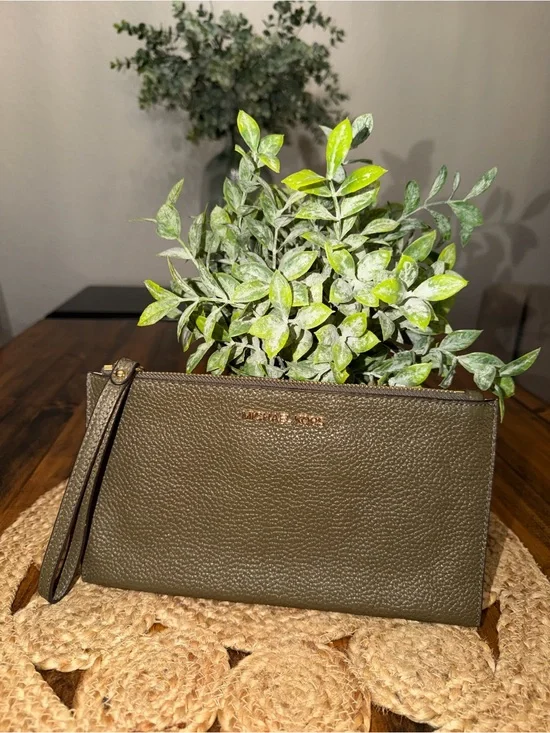 Michael Kors Olive Green Pebbled Leather Wristlet with Gold Logo