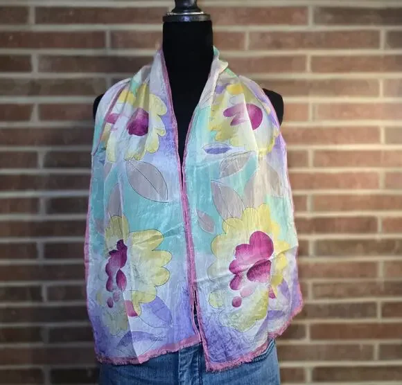 Vintage Revelli 100% Silk Pastel Floral Scarf Watercolor Sheer Frayed Fringe