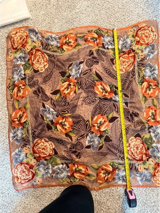 Oscar de la Renta Floral Silk Scarf with Orange and Gray Flowers