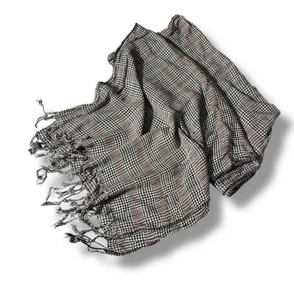 Womens Plaid Scarf Wrap with Fringe Black White and Red Rectangle Lightweight
