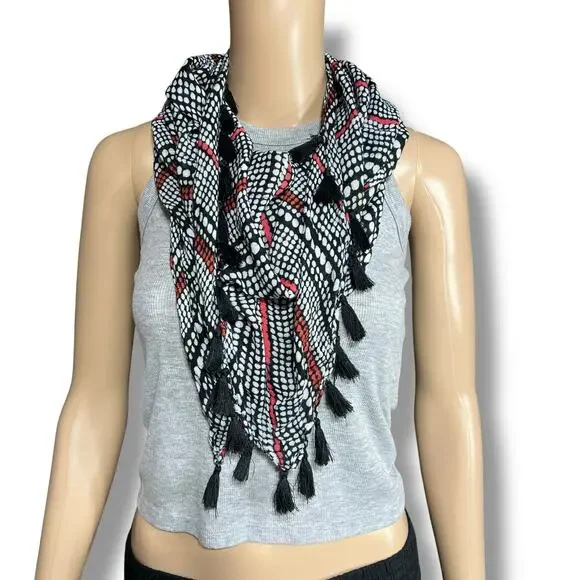 Womens Infinity Scarf with Tassels Black White Red Lightweight and Soft