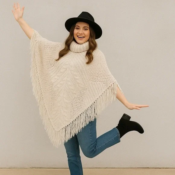 Altar'd State‎ XS Cream Knit Fringe Poncho Sweater Cowl Neck Boho Cozy Fall