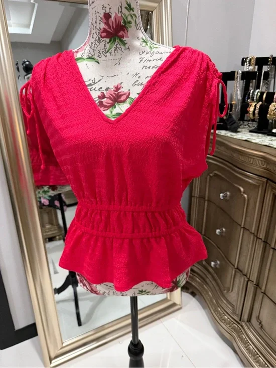 Michael Kors Hot Pink V-Neck Peplum Top with Tie Shoulders