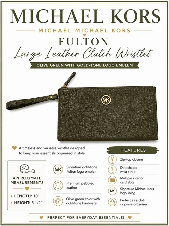 Michael Kors Fulton Large Leather Clutch Wristlet Olive Green Gold Logo