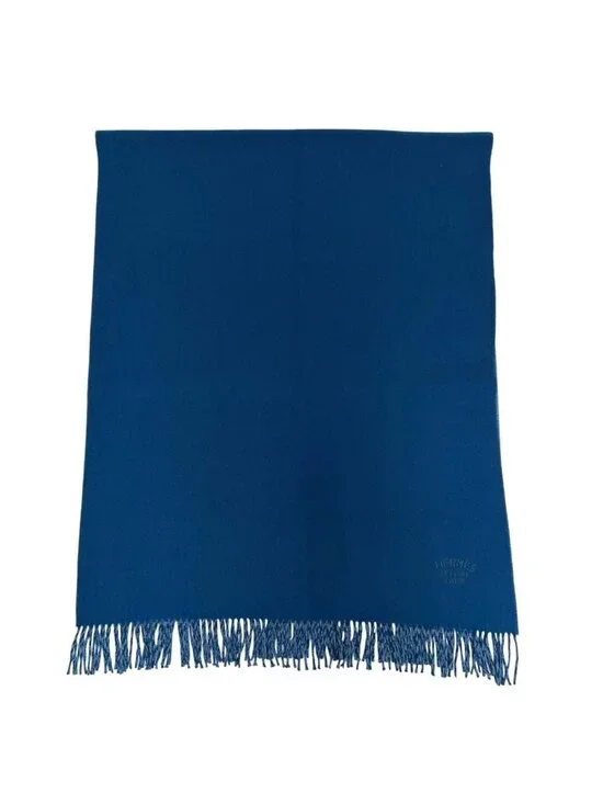 Hermes Cashmere Logo Embroidery Bicolor with Fringe Large Scarf Shawl Blue