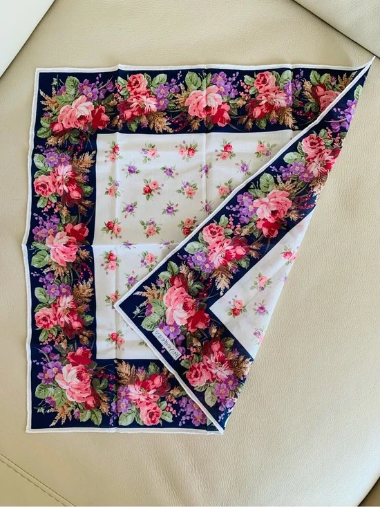 Yves Saint Laurent YSL Vintage Floral Handkerchief 18” Navy Pink Purple Japan