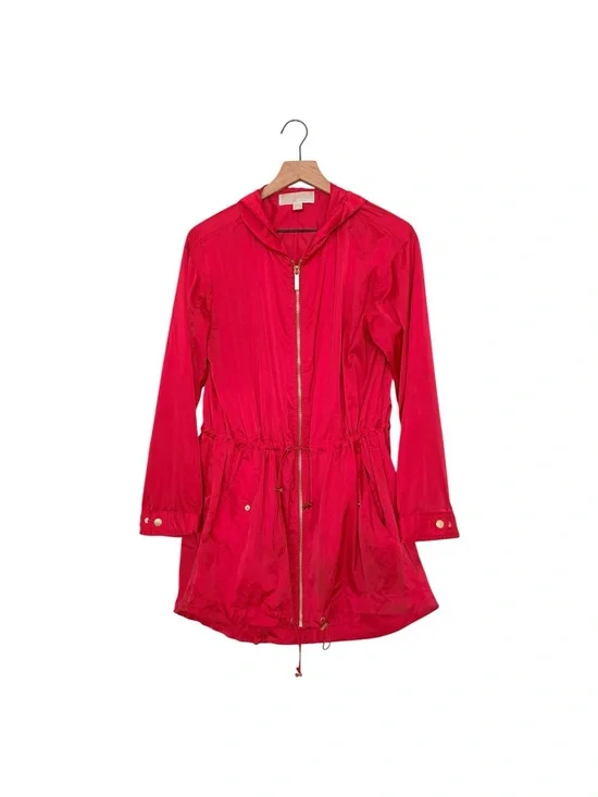 Michael Kors Vibrant Red Lightweight Hooded Waist Drawstring Windbreaker M