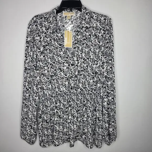 Michael Kors Womens XL Black Gray Floral V Neck Button Blouse Top Long Sleeve