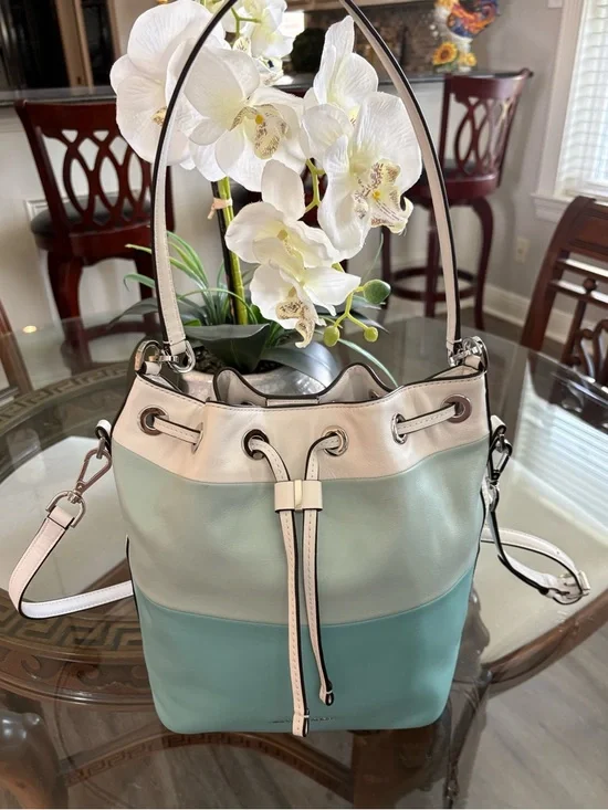 Michael Kors Two-Tone White and Mint Green Leather Drawstring Shoulder Bag
