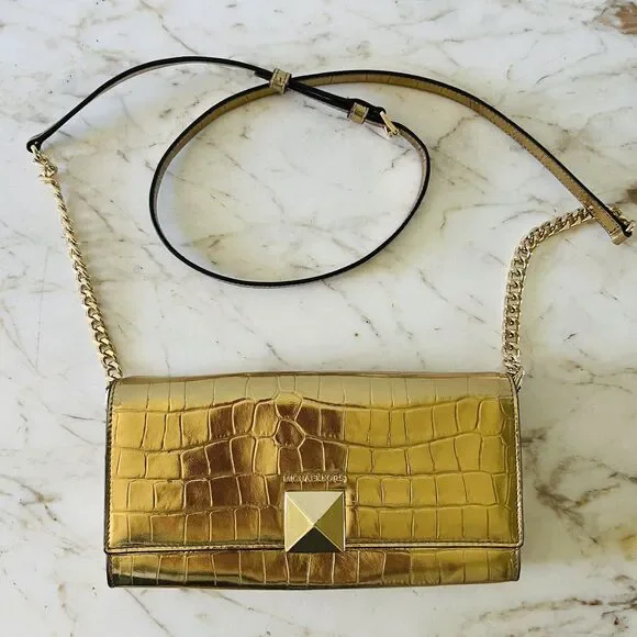 MICHAEL KORS Karla Gold Embossed Leather Clutch Chain Crossbody Bag