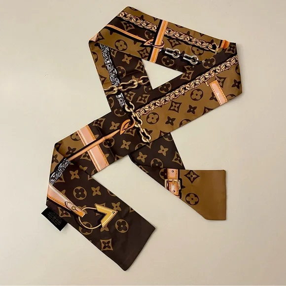 Luxury Monogram Silk Twilly Scarf - Brown & Tan