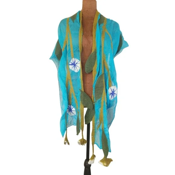 Felted Wool Long Scarf Chiffon Vine Floral BNB Made In‎ Nepal Blue Green