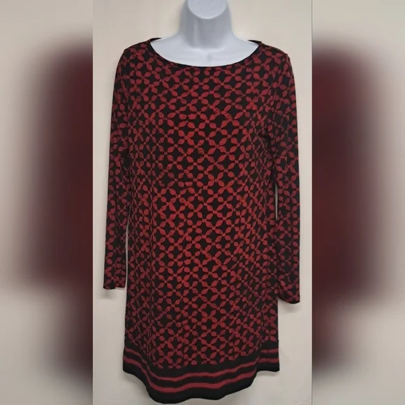 Michael Kors P/M Tunic Dress Red Black Ling Sleeve Slinky Stretch Knit