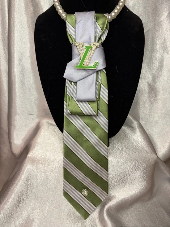 Tommy Hilfiger Green and Light Gray Striped Silk Scarf Tie Accent