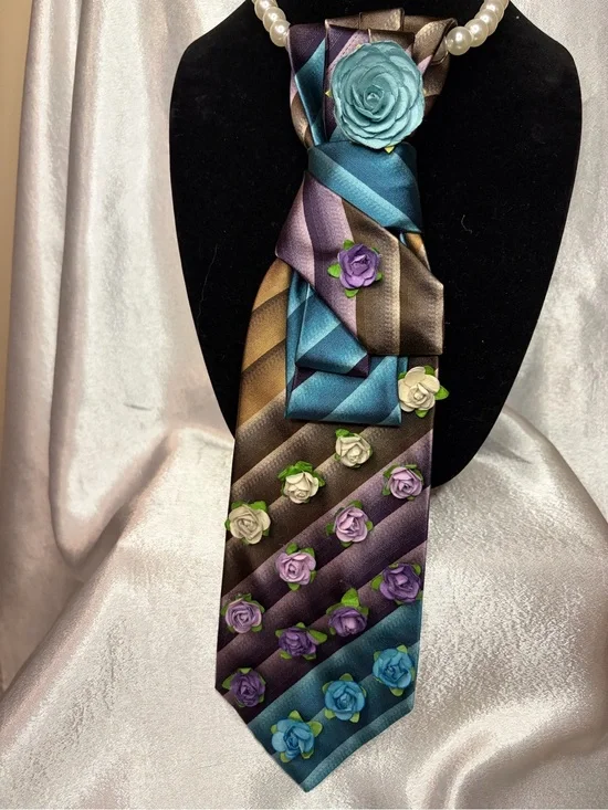 Floral Accent Satin Necktie Scarf in Teal, Purple, Blue