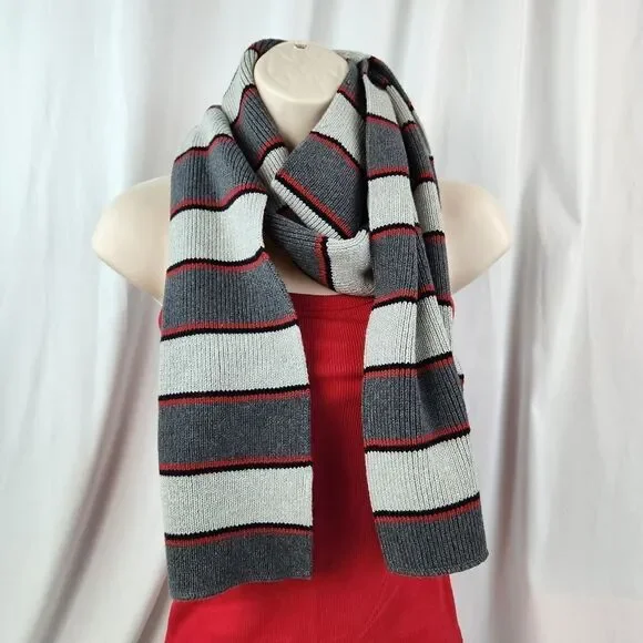 💜Old Navy Gray & Red Colorblock Striped Unisex Cotton Scarf