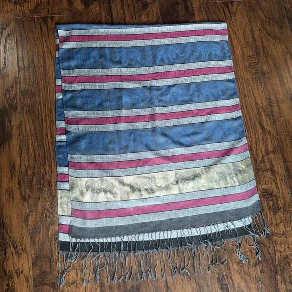 PASHMINA Brand Scarf Wrap Shawl Gold Purple Elephant Fringe Gypsy Boho