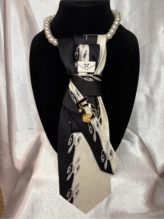Black and Cream Decorative Scarf Necklace - Women Accessories Scarves & Wraps