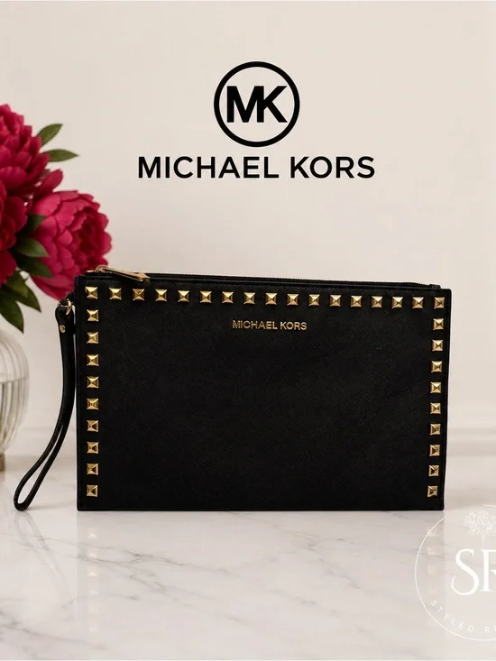 Michael Kors Black Studded Leather Wristlet Clutch Zip Pouch Wallet Large